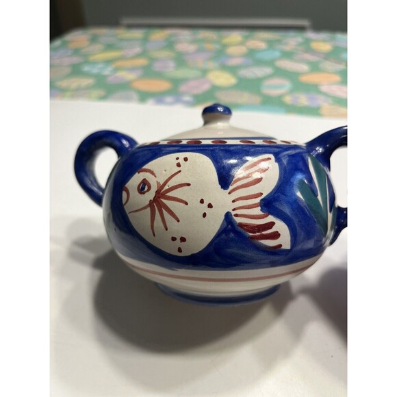 Vietri Solimene FISH 10oz Sugar Bowl w/ Lid Blue Campagna Italy Italian Pottery - Picture 16 of 16